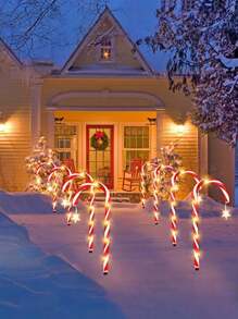 10-In-1 Solar Powered Christmas Candy Cane Lights - 5/8/10 Pcs Set, 8 Flashing Modes, Holiday Red & White Striped Design, Auto Charging Under Sunlight, Auto Lighting At Night, Warm White LED Outdoor Decor, Outdoor Holiday Decoration, Christmas Ground Stake Lights, Star-Shaped Design, Ideal For Holiday Gifts, Holiday Decor, Outdoor Lighting