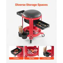 Rolling Mechanic Stool With Wheels, 300 Lbs Capacity Garage Seat/Work Stool, Padded Roller Creeper Seat With Fixed Height, Tool Tray And 2 Drawers, For Garage, Shop & Auto Repair, Red+Black - Soft cushion with 2 drawers + 1 tray - 查看 2
