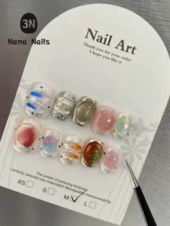 10 piezas de uñas postizas hechas a mano con diseños de armadura de color caramelo, estilo infantil y burbujas, incluye pegamento de gelatina como regalo. Reutilizables para diseños de arte de uñas, uso diario y regalos de fiesta para niñas