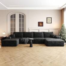 Oversized U Shaped Modular Sectional Sofa Cloud Couch With Chaise Lounge And Movable Ottoman, Fluffy Corduroy Upholstered Boneless Sofa Deep Seat Couches W/Pillows - Đen 135,4"w - Xem 1