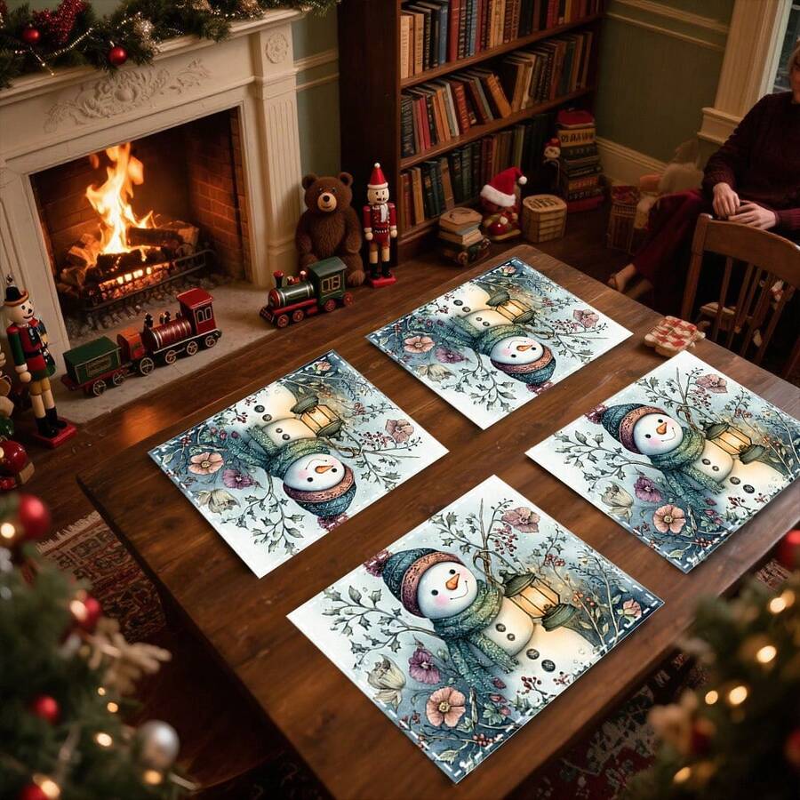 1 set/4 piezas/6 piezas Manteles individuales con diseño de muñeco de nieve y bayas navideñas, lavables a máquina, rectangulares de poliéster, protectores de mesa, manteles individuales aislantes del calor, decoraciones de mesa de restaurante, suministros para fiestas, decoraciones navideñas, se pueden regalar - Multicolor - Ver 1
