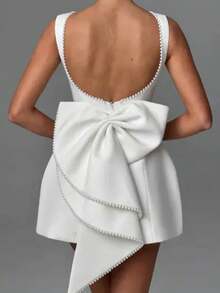 Women's New Summer Pearl Bow Fashionable Slim Short Skirt, Hot Girl Waist-Detached A-Line Solid Color Dress - 白色 - 查看 4