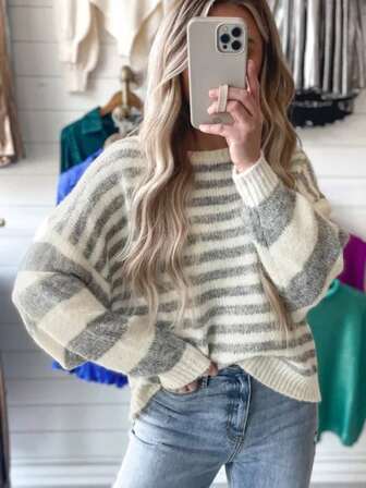 Women's Striped Loose Crew Neck Knit Sweater, Minimalist Casual Classic, Relaxed And Free, Autumn/Winter Women's Clothing