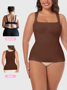 Women Tummy Control Shapewear Cami Camisole Tank Top Square Neck Body Shaper Vest Abdomen Compression Slimming Underwear Undershirts Shaping Tops Shirts - 咖色 - 查看 1