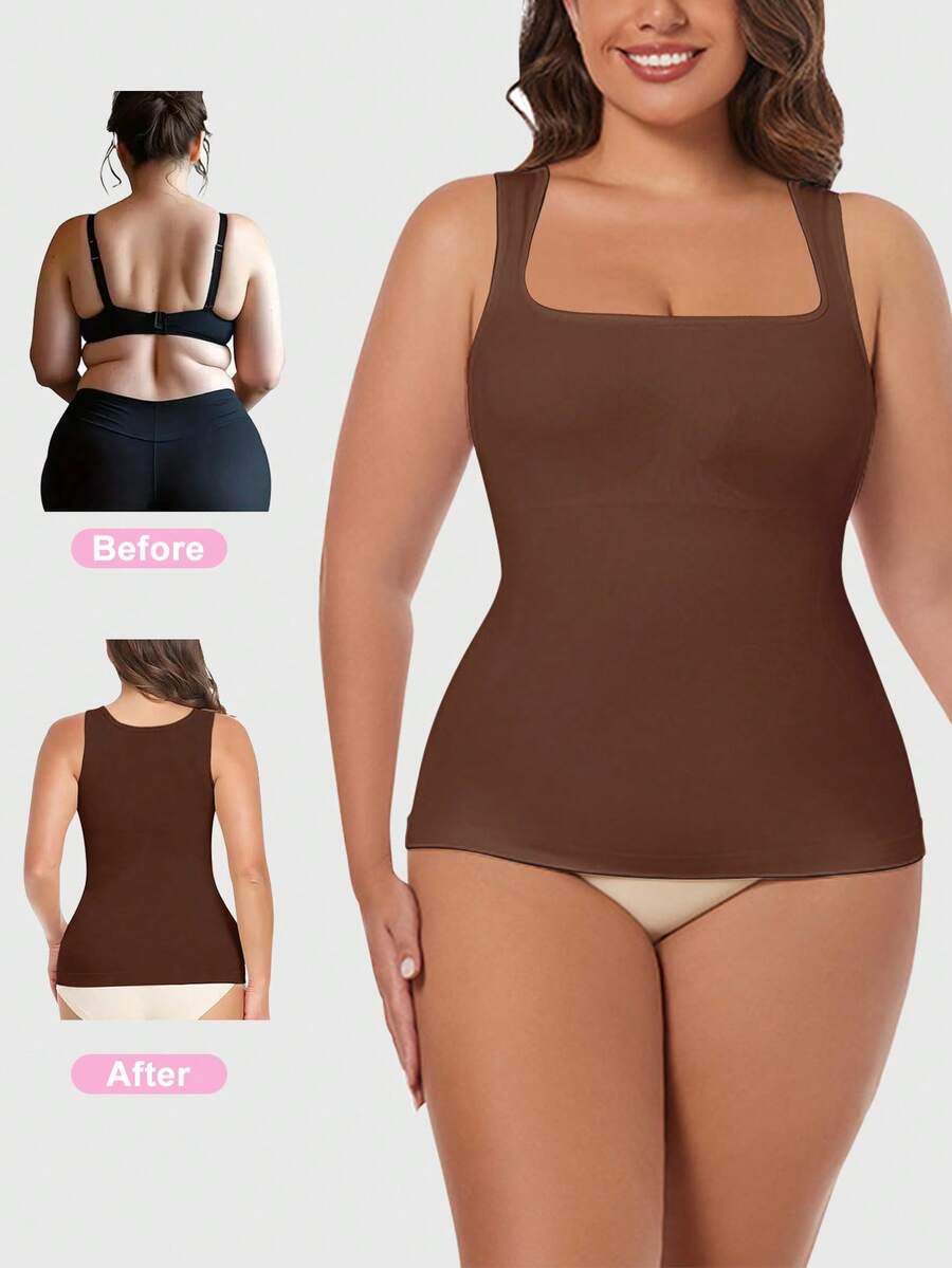 Women Tummy Control Shapewear Cami Camisole Tank Top Square Neck Body Shaper Vest Abdomen Compression Slimming Underwear Undershirts Shaping Tops Shirts - 咖色 - 查看 1