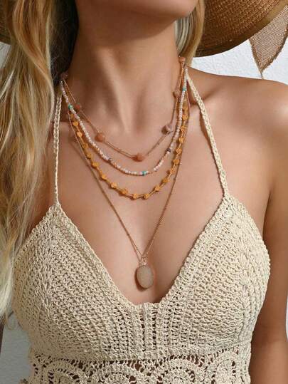 1pc Vintage Colorful Beaded Layered Necklace, Luxurious & Versatile Beaded Gemstone Necklace For Women