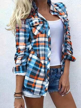 Plus Size Plaid Print Turndown Collar Front Button Pocket Long Sleeve Shirt