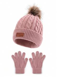 1 Set (1 Hat + 1 Pair Gloves) Kids Knit Hat With Leather Label, Autumn/Winter - 1PC - View 14