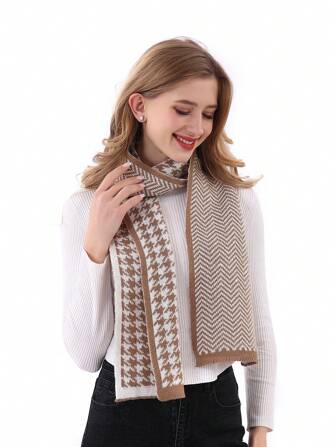 1pc Women Multicolor Houndstooth Faux Cashmere Knit Warm Fashion Unisex Scarf, Suitable For Casual Daily Wear, Autumn/Winter Accessories Women