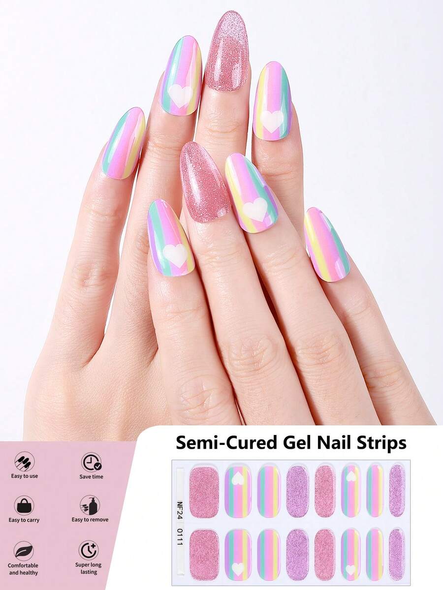 16 Spitzen halb gehärtete Gel-Nagelfolien (Mehrfarbig) Regenbogen-Farbverlauf mit Herzmuster Design Kristall Nagel Sticker, selbstklebende Komplett-Folien Nail Art, muss mit UV-Lampe verwendet werden, einfach anzuwenden und zu entfernen, geeignet für Frauen und Mädchen für tägliche Party DIY Nail Art Verwendung