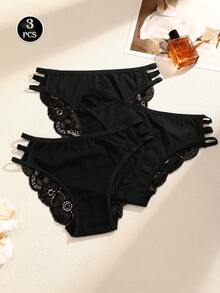 3件套纯色蕾丝拼接细肩带镂空性感浪漫女士内裤 - 彩色 - 查看 3