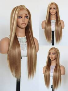 亮点渐变色假发 13x4 蕾丝前部合成假发 直发金色合成蕾丝前部假发 24 英寸 适合女士优雅休闲耐热派对日常使用 - 挑染金色 - 查看 7