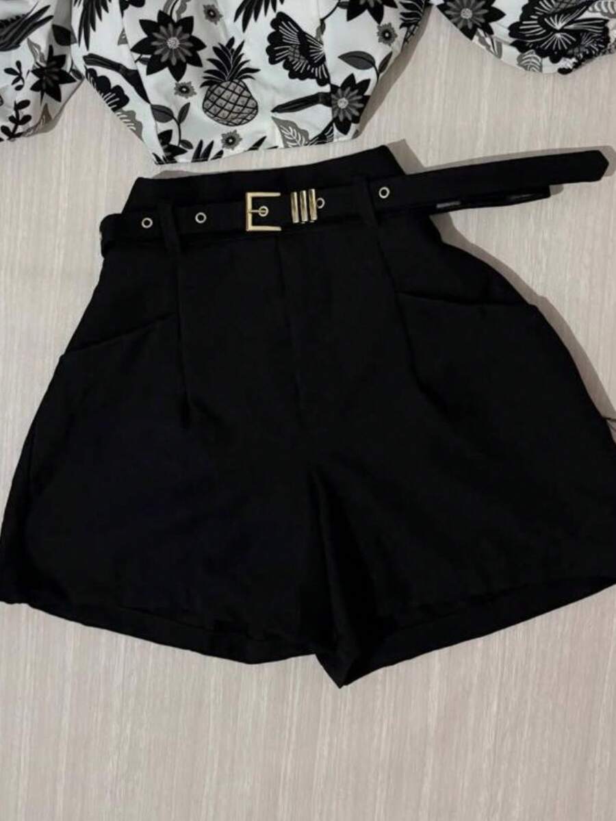 PREMIUM COMFORTABLE SHORTS WITH LINED BELT FASHION - Black - View 1