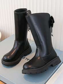 1 Pair Extra Large Black Bow & Colorful Crystal Pendant Decorated Princess Boots, Solid Color Elegant & Fashionable Mid-Calf Boots, Side Zipper Design For Easy On/Off, Thermal Lined For Warmth, Thick Sole For Durable Wear, Suitable For Princess Dresses Or Casual Pants, Fit For Children & Teenage Girls, Autumn/Winter