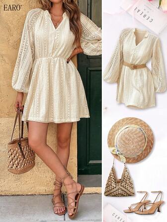 女士褶皱腰优雅泡泡袖中长连衣裙，别致而迷人