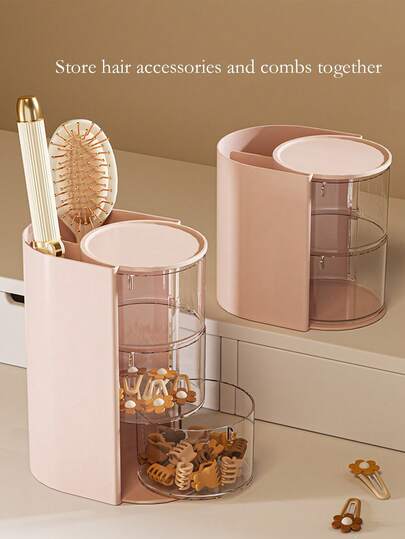 1pc Rotating Compartment Hair Accessory Storage Box, Multi-Layer Grid For Combs, Hair Ties, Clips, Dual Compartment For Makeup Brushes, Pencils, Jewelry, Desk Organizer, Bathroom Storage