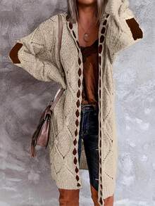 Women's Boho Open Front Long Cardigan, Cable Knit Patchwork Elbow Patch Loose Fit Sweater Coat For Spring - 卡其色 - 查看 3