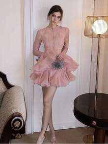 Aveloria Rosie French Luxe High-End Elegant Lady Design With Flounced Hem & Bell Sleeves, Textured Fabric Women Short Dress - Hồng - Xem 2