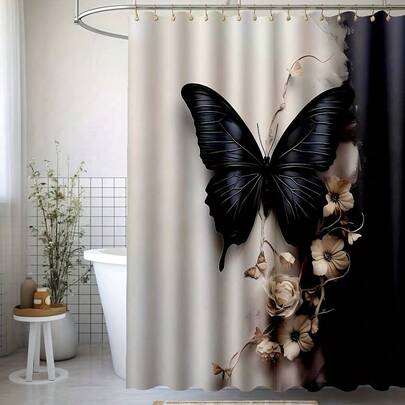 1pc Abstract Black Butterfly Bathroom Curtain Digital Print Polyester Shower Curtain, Bathroom Decor, Home Decor, Bathroom Essentials