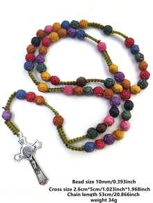 1pc Affordable Stylish Religious Rosary Beaded Necklace, Colorful Catholic Rosary Prayer Beads, Cartoon Baptism Cross Pendant Sweater Chain, Christian Cross Necklace