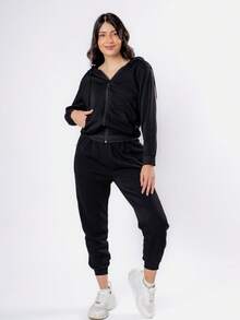 Conjunto de 2 piezas, sudaderas casuales con capucha de manga larga y pantalones de chándal a juego para primavera y otoño - Negro - Ver 6