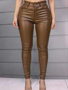 Jeans pantalones vinipiel dama mujer skinny cintura alta bolsas PU casuales elegantes formales dia noche modernos juveniles y2k sexy - Caqui - Ver 3