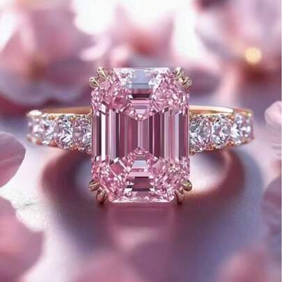 Elegant Luxury Romantic Princess Engagement Ring With Dazzling Pink Square Synthetic Cubic Zirconia, Fashionable Women's Engagement Ring For Daily, Party, Festival Gift