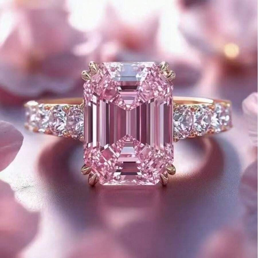 Elegant Luxury Romantic Princess Engagement Ring With Dazzling Pink Square Synthetic Cubic Zirconia, Fashionable Women's Engagement Ring For Daily, Party, Festival Gift - Gold + Pink Crystal - View 1