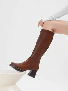 Neue schwarze Kniehohe Stiefel, Retro Damen Stiefel mit quadratischer Zehenform im Ritterstil, wasserdichte Plateau Absatz Stiefel, schmale elastische Wadenhöhe Stiefel, gepolsterte Sohle Schuhe mit erhöhter Höhe für Große Größen - Kamelfarben - Übersicht 2