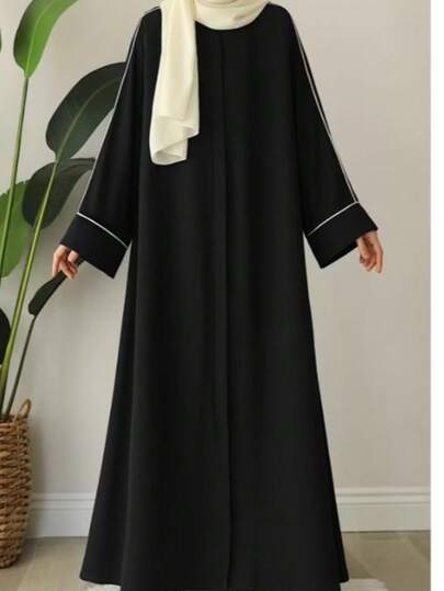 Black Turkish Dubai Middle Eastern Style Women's Loose Robe With Zipper And Belt, Long Sleeve Abaya