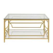 Square Glass Coffee Table In 33.5", Luxurious Geometric Metal Frame, Gold Finish & Lower Shelf, Transparent