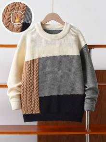Suéter de punto grueso con estampado a cuadros en contraste para niños y adolescentes, adecuado para usar en la escuela y de forma casual en primavera, otoño e invierno