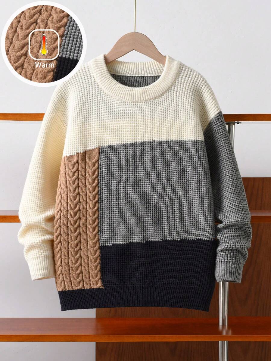 Suéter de punto grueso con estampado a cuadros en contraste para niños y adolescentes, adecuado para usar en la escuela y de forma casual en primavera, otoño e invierno