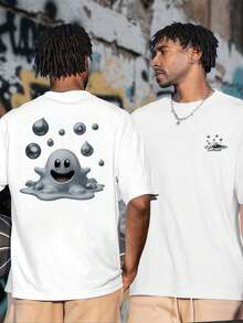 Smiling Blob Graphic Tee , Men's Double-Sided Printed Fashionable Casual Crew Neck 220gsm Pure Cotton T-Shirt(1 PC) - White - View 1