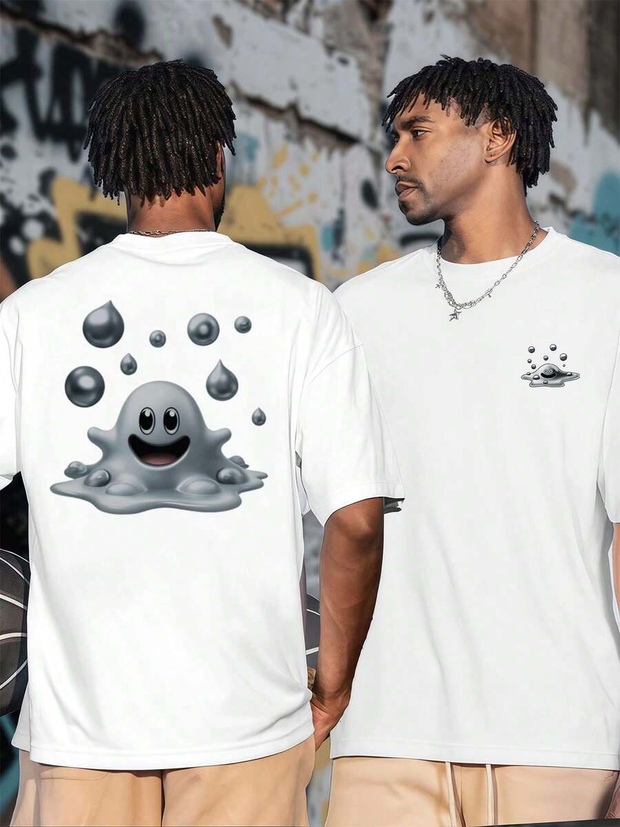 Smiling Blob Graphic Tee , Men's Double-Sided Printed Fashionable Casual Crew Neck 220gsm Pure Cotton T-Shirt(1 PC) - White - View 1