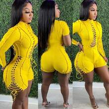Women's Fashion Sexy Patchwork Solid Color Drawstring Long Sleeved Jumpsuit - Màu vàng - Xem 2