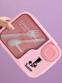 1 pieza Caja de almuerzo de gran capacidad con nombre personalizado, Caja de almuerzo para adultos de 1450ml, de tres compartimentos, a prueba de fugas, impresa con flores rojas e iniciales negras de la A a la Z, Caja de almuerzo personalizada, con cubiertos incorporados y compartimento separado para salsa