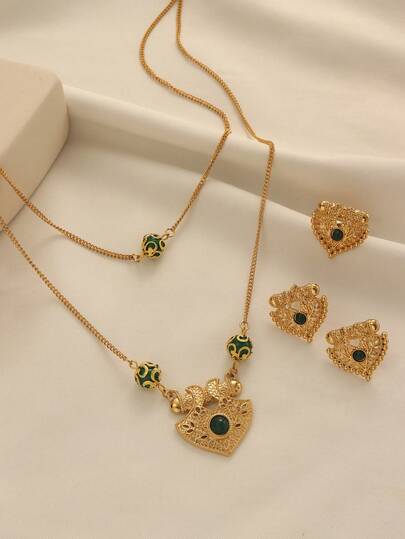 1 Set de Joyería Vintage Elegante de Aleación de Cobre Chapada en Oro con Perlas, Collar, Aretes y Anillo, Adecuado para Uso Diario de Mujeres, Regalo para Fiestas