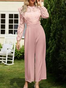 Simplee Women's Elegant Solid Color Lace Patchwork Long Sleeve Jumpsuit With Cinched Waist For Spring/Summer