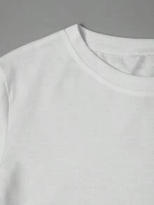 Camiseta casual negra para mujer, 100% algodón, con estampado gráfico en blanco y negro, camiseta casual y cómoda de manga corta con cuello redondo, ropa de primavera y verano, adecuada para cualquier ocasión, color sólido, casual, uso diario. - Blanco - Ver 3