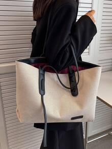 1 件时尚双色米色和黑色 PU 皮革大容量拉链封口手提包，适合日常通勤、工作、大学、休闲、单肩包、购物袋、短途旅行