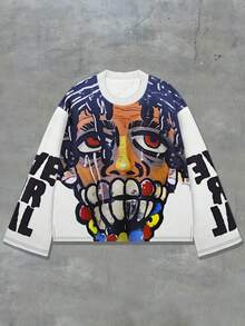 قميص رجالي، طباعة ثلاثية الأبعاد بطبعة غرافيتي مفرطة الإنحناء، قصة فضفاضة بأكمام واسعة وياقة دائرية، أكمام طويلة، ملابس شارع عادية رياضية للخارج، خريف