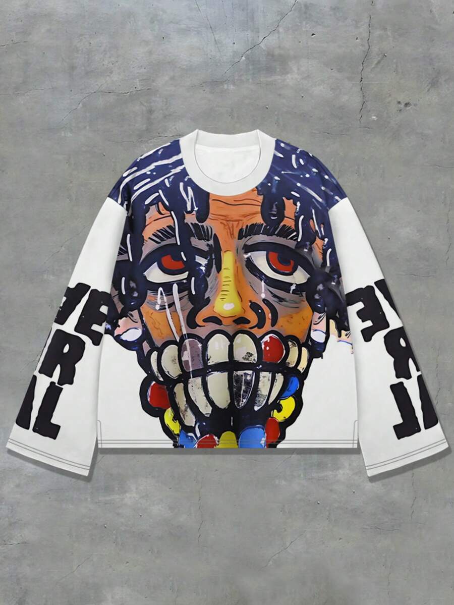 قميص رجالي، طباعة ثلاثية الأبعاد بطبعة غرافيتي مفرطة الإنحناء، قصة فضفاضة بأكمام واسعة وياقة دائرية، أكمام طويلة، ملابس شارع عادية رياضية للخارج، خريف