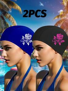 2 件女士印花针织泳帽，采用透气针织面料制成，大尺寸泳帽，印花设计，舒适有弹性 - 2個泳帽 - 查看 7