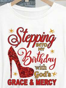 Women's Round Neck-Shirt With Walk Into My Birthday With God's Grace And Mercy Religious Faith Birthday Theme Glitter PrintSports Short Sleeves - 白色 - 查看 4