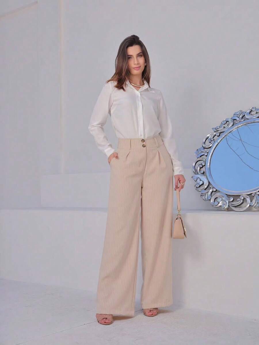 Calça Pantalona Alfaiataria Feminina com Botões e Cintura Alta - Moda Executiva