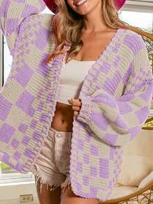 Open Front Mixed Checkered Pattern Knit Cardigan - Purple - View 4
