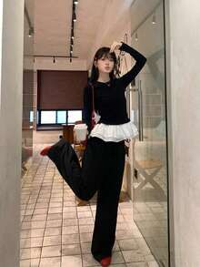 芭蕾风格荷叶边黑色长袖 T 恤，女式新款修身汗衫 - 黑色 - 查看 9