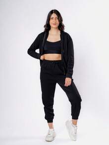 Conjunto de 2 piezas, sudaderas casuales con capucha de manga larga y pantalones de chándal a juego para primavera y otoño - Negro - Ver 3
