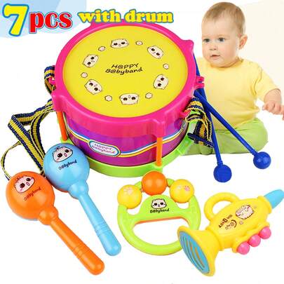 Set de 5 piezas de juguetes de percusión de mano de doble cara para bebés, pequeño tambor de cintura, instrumento musical infantil, martillo de arena, cuerno (color de los accesorios aleatorio)